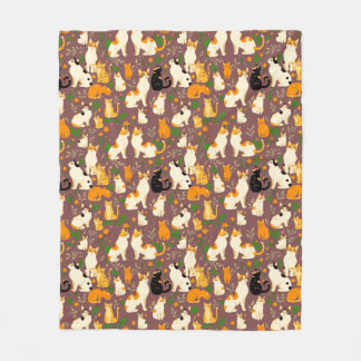 Cute Cats on a Coffee Brown Background Fleece Blanket