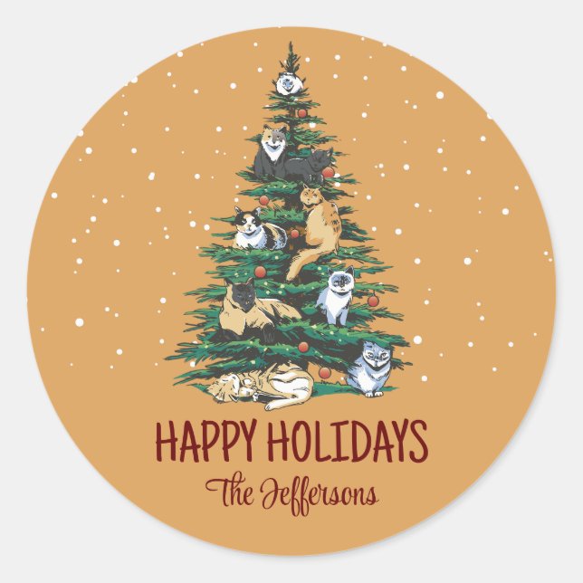 Cute Cats on Christmas Tree Snowy Winter Holiday Classic Round Sticker (Front)