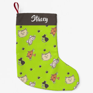 Cute cats on green small christmas stocking