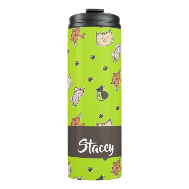 Cute cats on green thermal tumbler (Front)