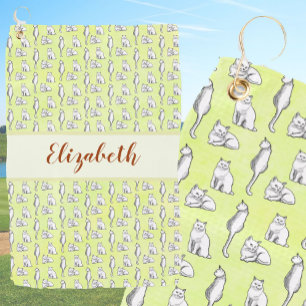 Cute cats on yellow with custom name ladies golf towel