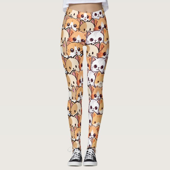 Cute cats orange kitten pet Seamless Pattern Leggings (Front)