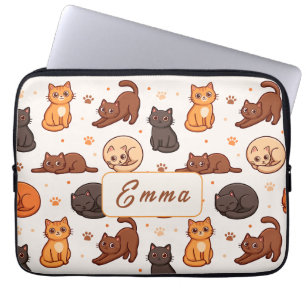 Cute Cats Pattern Custom Monogram Name Kids Laptop Sleeve