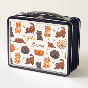 Cute Cats Pattern Custom Monogram Name Kids Metal Lunch Box