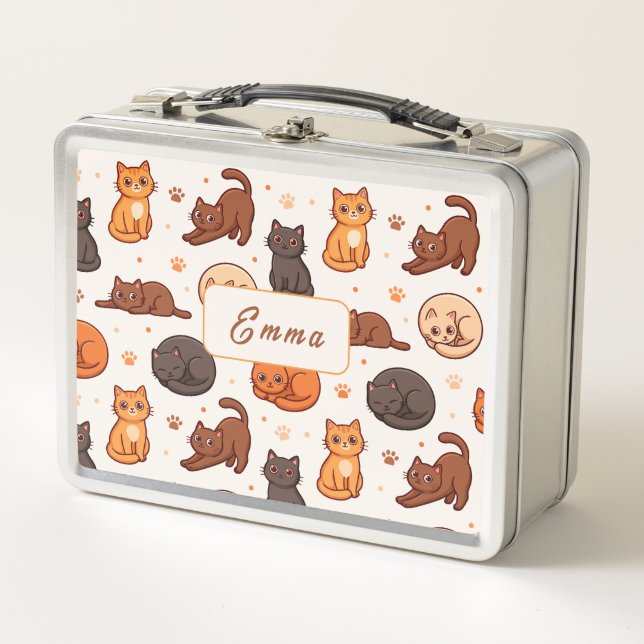 Cute Cats Pattern Custom Monogram Name Kids  Metal Lunch Box (Front)