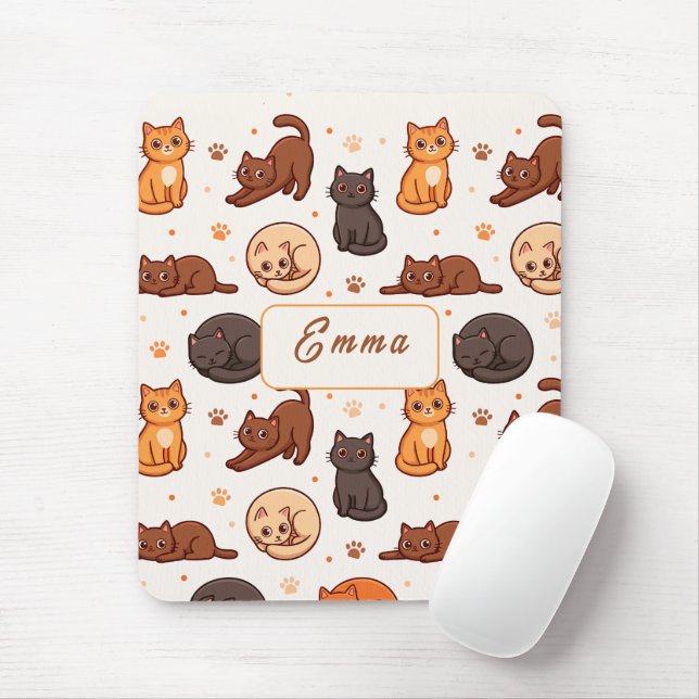 Cute Cats Pattern Custom Monogram Name Kids Mouse Mat (With Mouse)