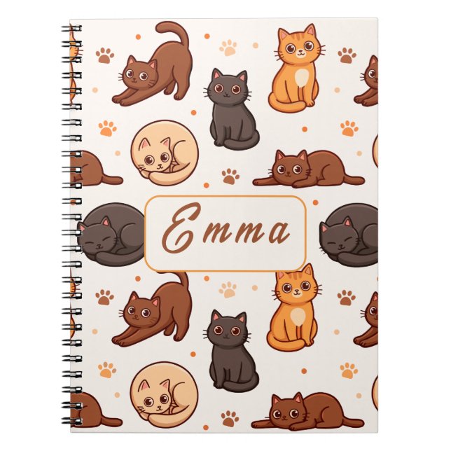 Cute Cats Pattern Custom Monogram Name Kids Notebook (Front)