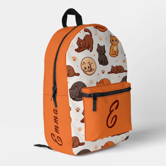 Cute Cats Pattern Custom Monogram Name Kids Printed Backpack (Back Corner Left)