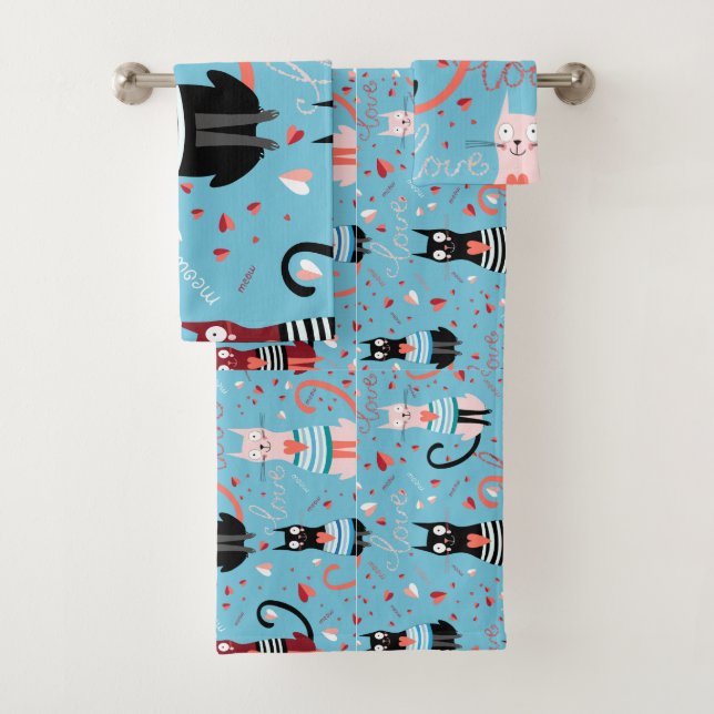 Cute cats pattern on a blue background bath towel set (Insitu)