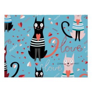 Cute cats pattern on a blue background poster