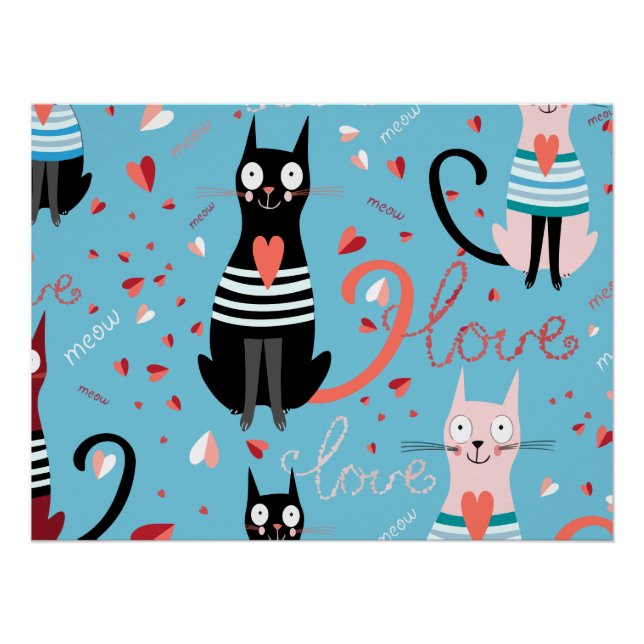 Cute cats pattern on a blue background poster (Front)