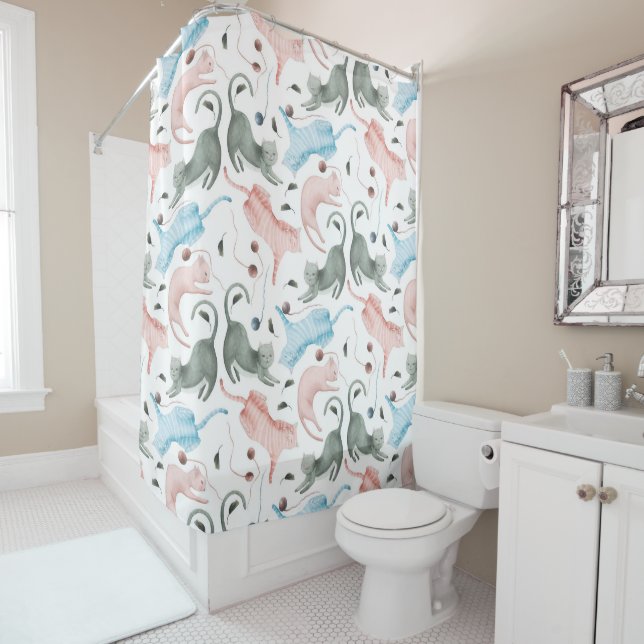 Cute Cats Pattern Pastel Watercolors Illustration Shower Curtain (In Situ)