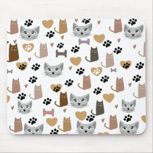 Cute Cats & Paw and hearts Prints Pattern  Mouse Mat