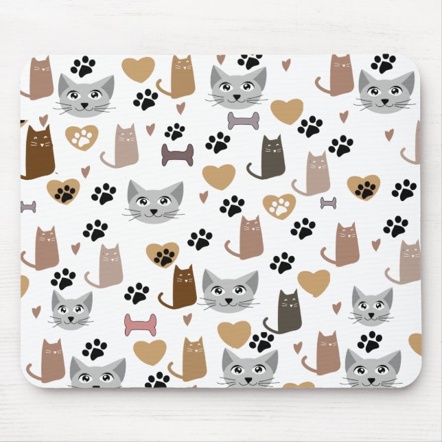 Cute Cats & Paw and hearts Prints Pattern  Mouse Mat (Front)