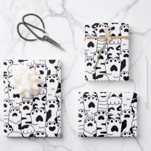 Cute Cats Paws Pattern Black White Wrapping Paper Sheet