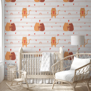 Cute Cats, Peach Pink Hearts and Stripes - Nursery Wallpaper