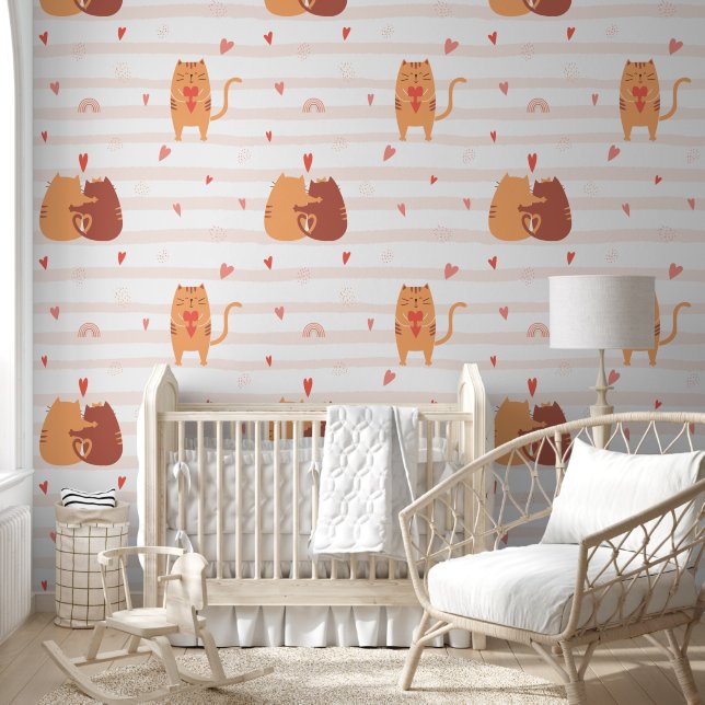 Cute Cats, Peach Pink Hearts and Stripes - Nursery Wallpaper (Kids)