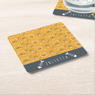 Cute Cats Personalised Modern Pattern Square Paper Coaster