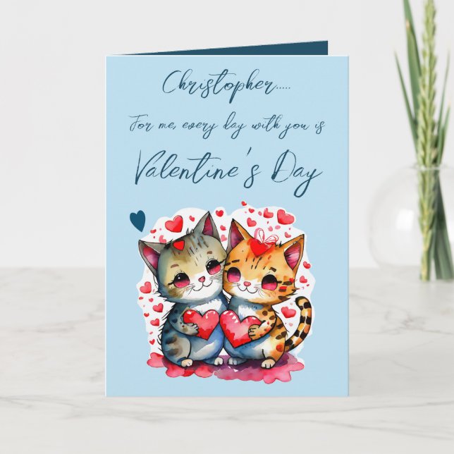 Cute cats personalised name blue Valentine's Day Card (Front)