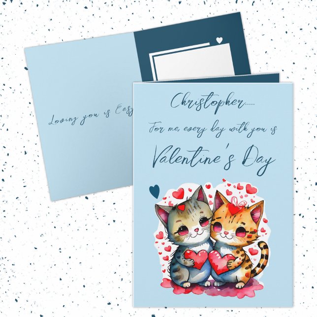 Cute cats personalised name blue Valentine's Day Card (Creator Uploaded)