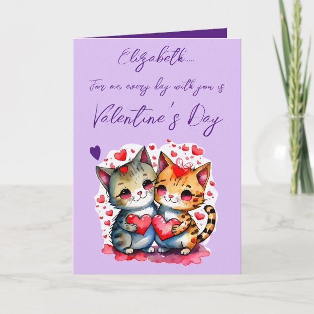 Cute cats personalised name purple Valentine's Day Card (Front)
