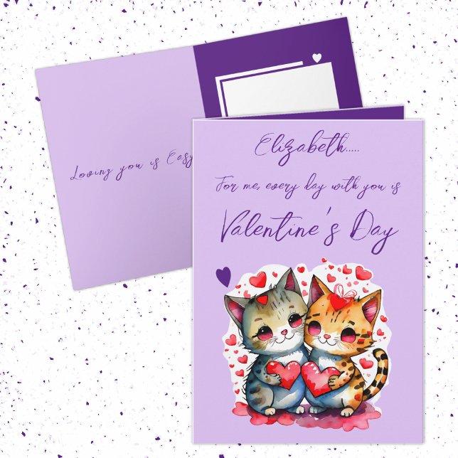 Cute cats personalised name purple Valentine's Day Card (Creator Uploaded)