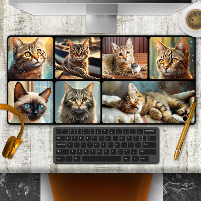 Cute Cats Personalized Photo Collage Desk Mat (Desk mat featuring 7 images of cats, signed with a paw print. Add your own photos if you like)