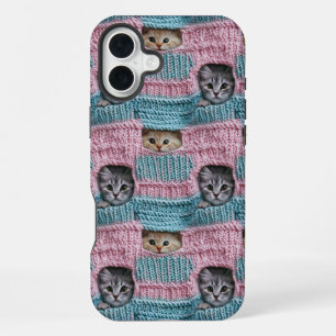 Cute Cats Pink Blue Knitting Girly iPhone 16 Plus Case