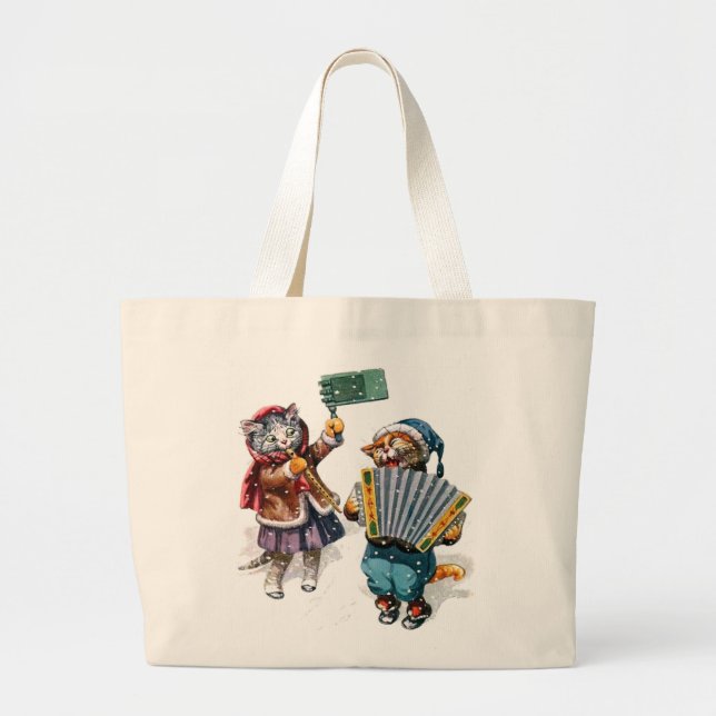 Cute Cats Play the Accordion in the Snow Large Tote Bag (Front)