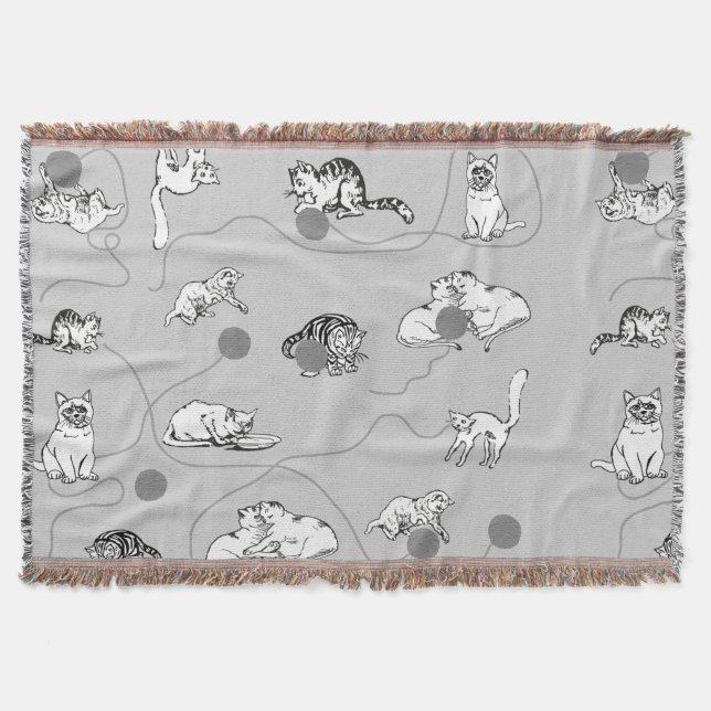 Cute Cats Playing & Being Naughty Pattern Throw Blanket (Front)