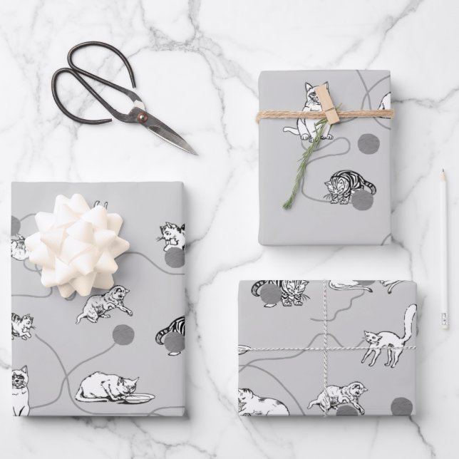 Cute Cats Playing & Being Naughty Pattern Wrapping Paper Sheet (Front)