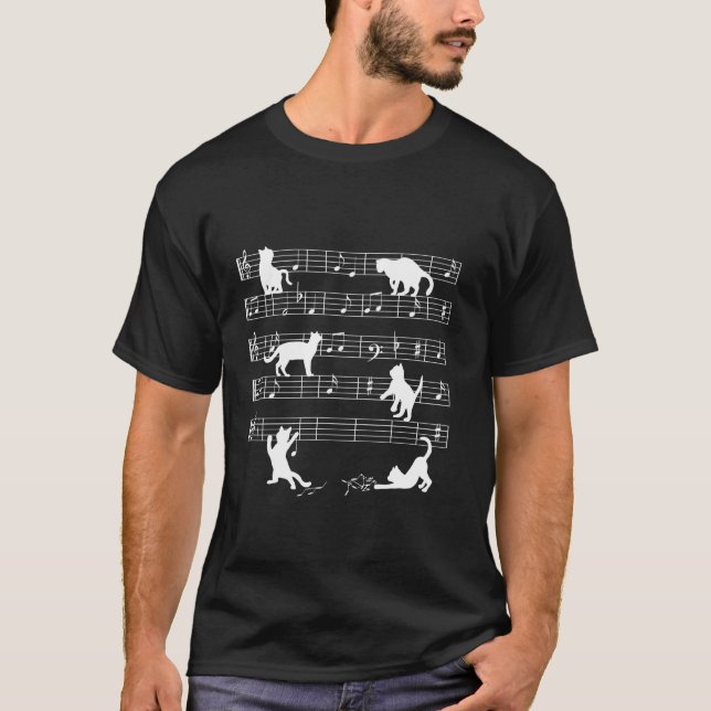 Cute Cats Playing With Musical Notes Music Sheets  T-Shirt (Front)