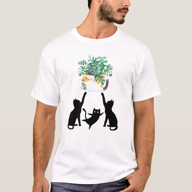 Cute Cats Playing with Plants | Silhouette Design T-Shirt (Front)