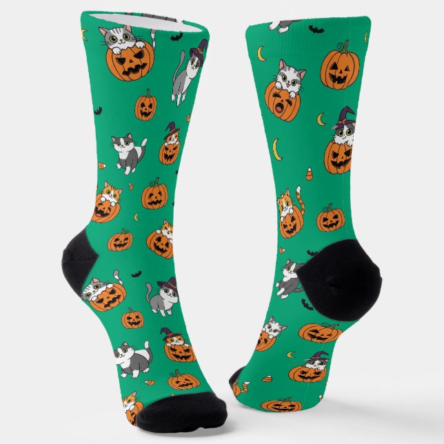 Cute Cats & Pumpkins Halloween Socks (Angled)
