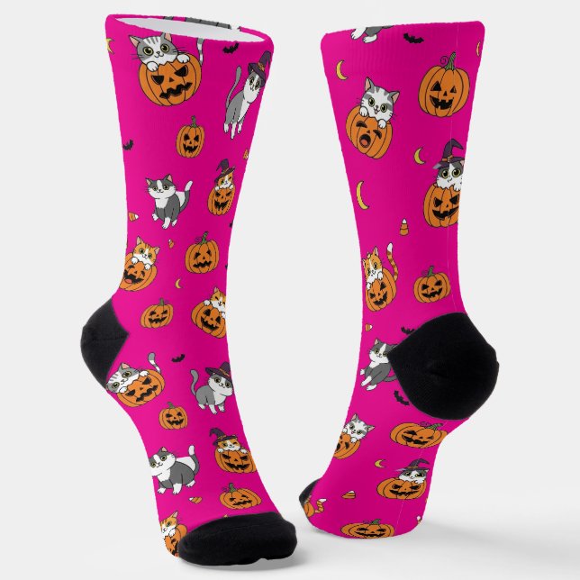 Cute Cats & Pumpkins Halloween Socks (Angled)