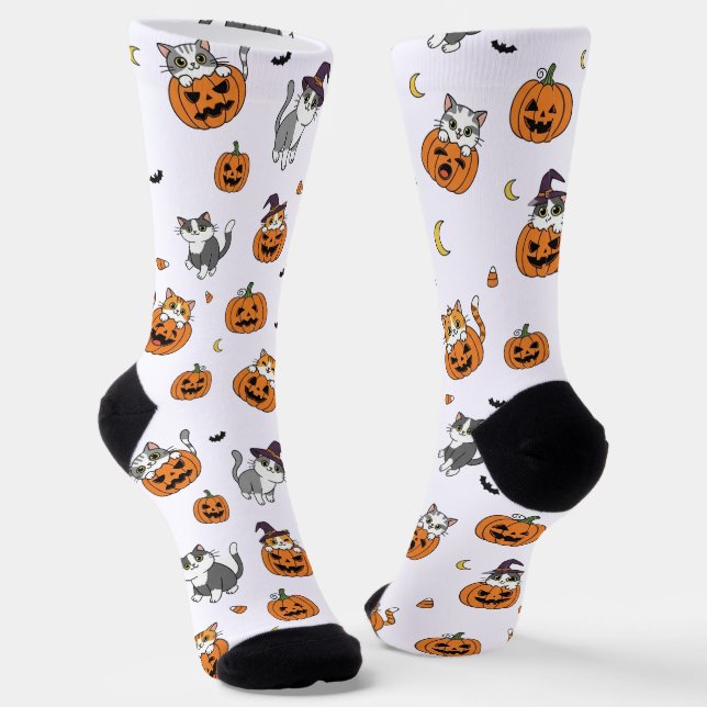 Cute Cats & Pumpkins Halloween Socks (Angled)