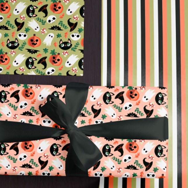 Cute Cats & Pumpkins Mixed Halloween Patterns Wrapping Paper Sheet (Creator Uploaded)