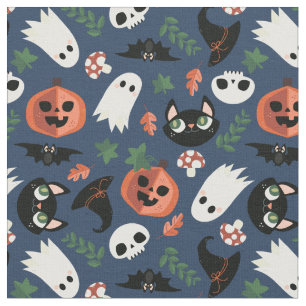 Cute Cats & Pumpkins Navy Blue Halloween Pattern Fabric