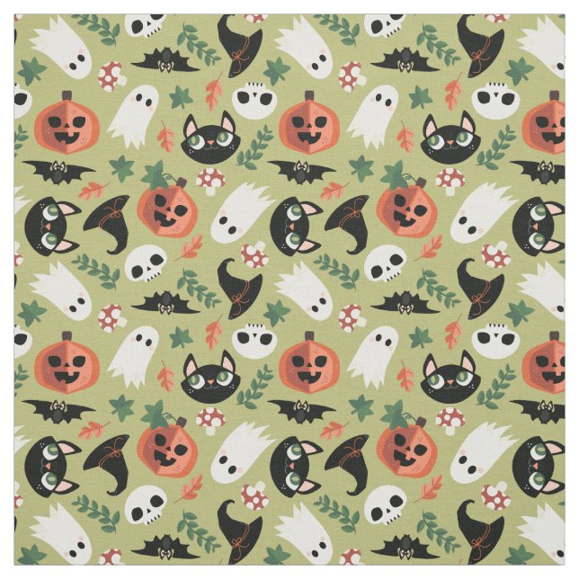 Cute Cats & Pumpkins Olive Black Halloween Pattern Fabric (Swatch)