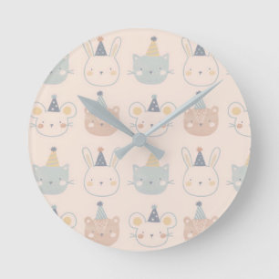 Cute Cats Rabbits and Bears Faces Pastel Pattern Round Clock