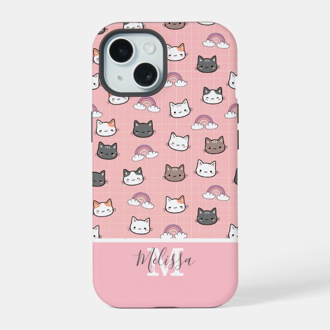 Cute Cats & Rainbow Monogram  iPhone 15 Case (Back)
