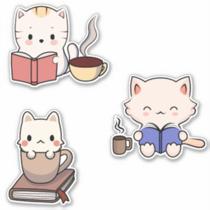 Cute Cats Reading Books and Drinking Coffee