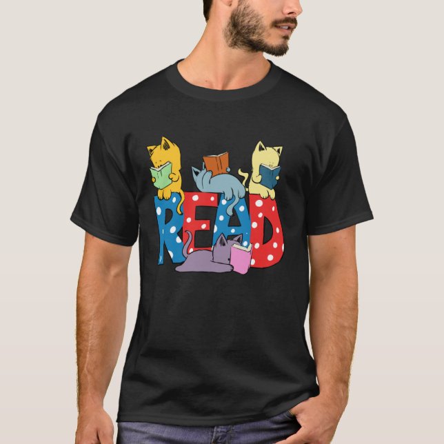 cute cats reading books librarian teacher graphic T-Shirt (Front)