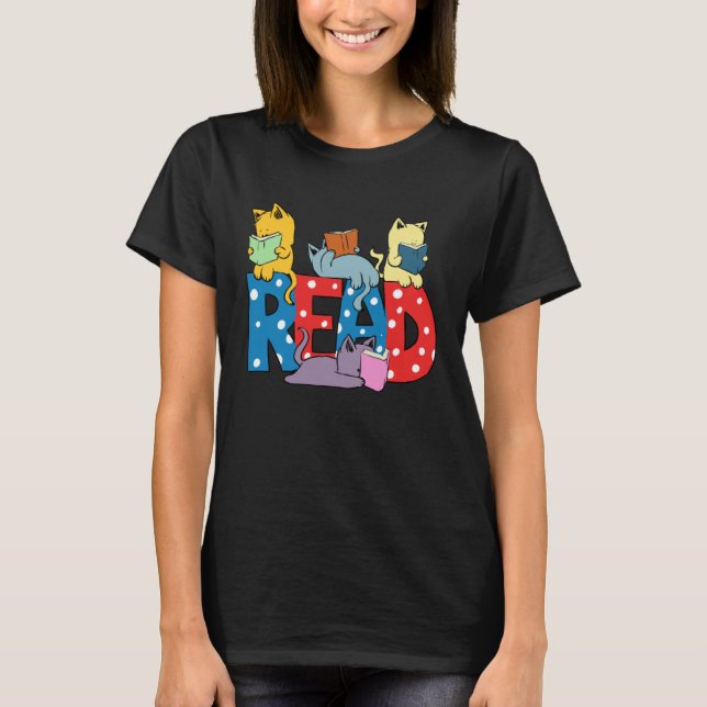 cute cats reading books librarian teacher graphic T-Shirt (Front)