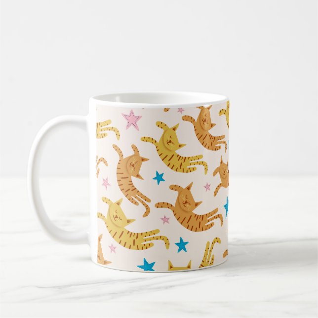 Cute cats seamless pattern with stars funny drawin coffee mug (Left)
