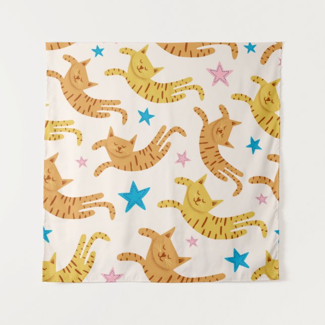 Cute cats seamless pattern with stars funny drawin tapestry (Front)