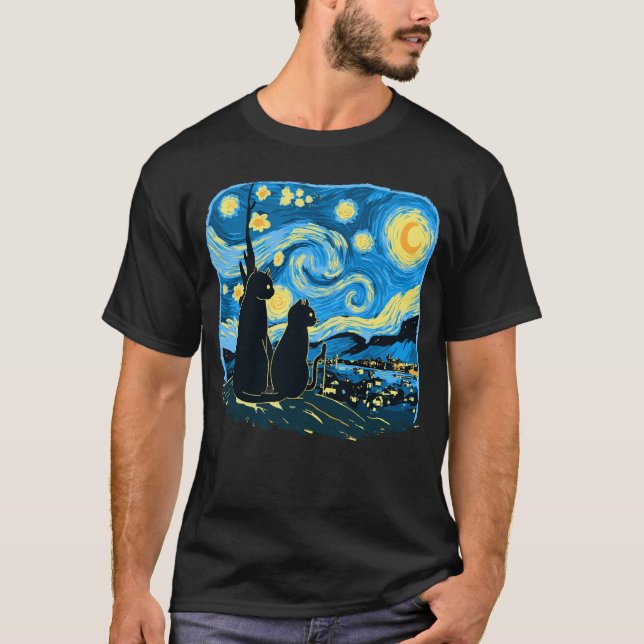 Cute Cats Starry Night Van Gogh Father Mother Son T-Shirt (Front)