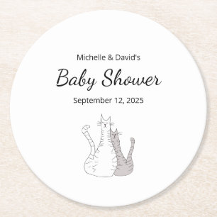 Cute Cats Twins Gender Neutral Baby Shower Round Paper Coaster