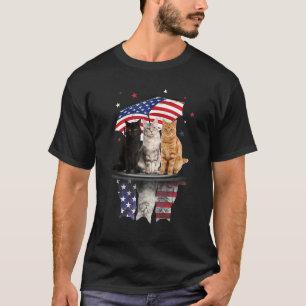 Cute Cats Under American Umbrella On Rainy Indepen T-Shirt