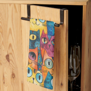 Cute Cats Watercolor Pattern Tea Towel